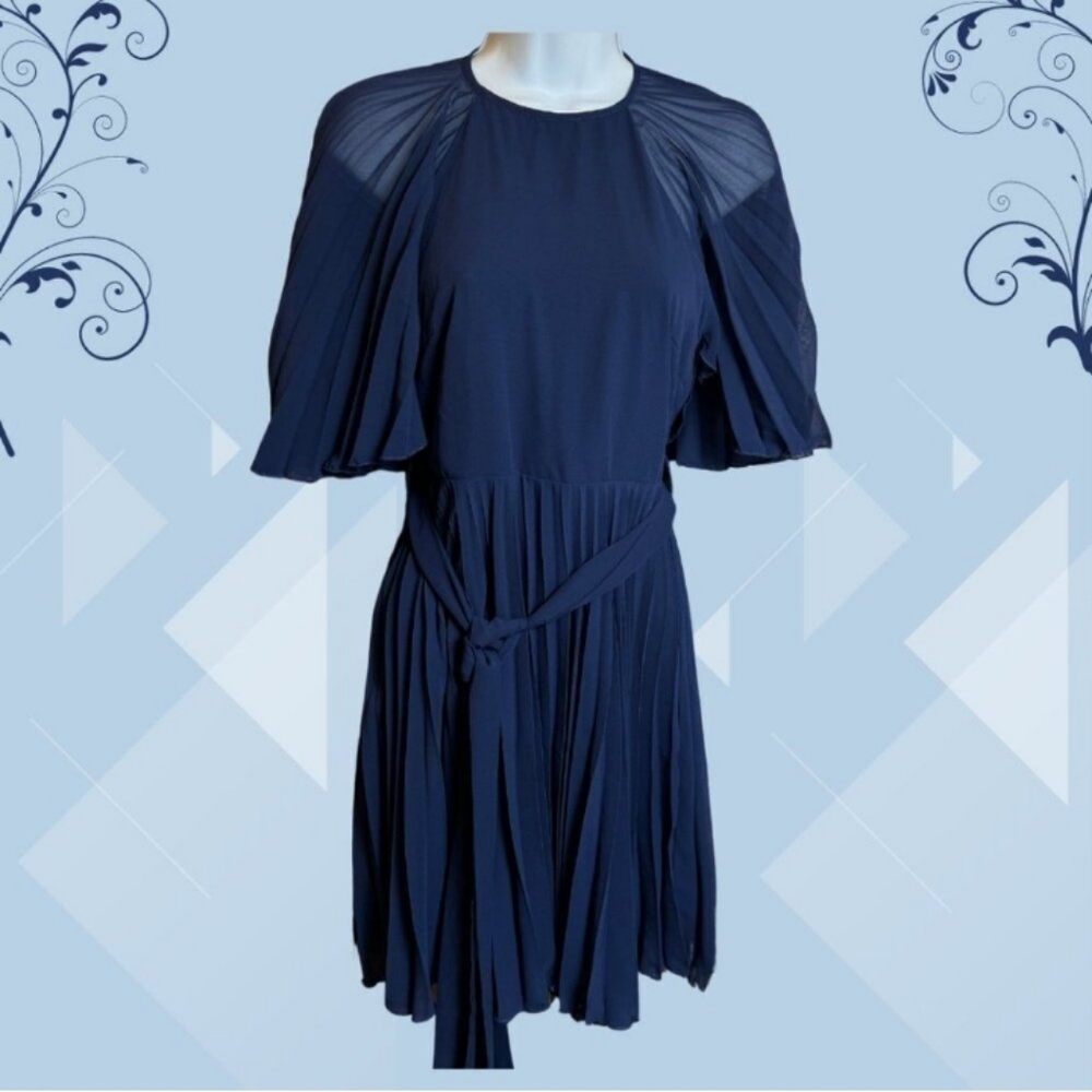 ASOS DESIGN Navy Pleated Chiffon Flutter Sleeve Dress Tie Waist US 2